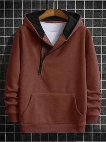 Manfinity Homme 男士休闲日常通勤字母印花半拉链前袋连帽卫衣，春秋季棕色连帽衫，休闲套头衫，长袖上衣 - 咖啡棕 - 查看 4