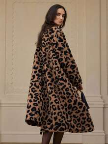 GENKIRA Áo khoác dài đi làm phong cách tối giản, thoải mái, rộng rãi, thiết kế thắt lưng bằng lông giả họa tiết lạc đà, họa tiết báo, thu/đông - Nhiều màu - Xem 2