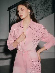 Anewsta New Fashionable Women's Heavily Embellished Rhinestone Denim Shirt, Suitable For Valentine's Day Party, Pink - Pink - View 1