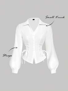 Blusa blanca elegante con mangas de farol y cintura anudada, simple y versátil para el trabajo y el transporte, blusas elegantes para mujeres, camisa con lazo, blusa blanca con lazo delante - Rosa - Ver 2