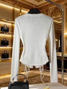 Franclia 大码女式法式休闲优雅罗纹长袖T恤，秋冬 - 白色 - 查看 2