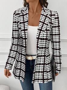SHEIN Clasi Blazer élégant à carreaux pour femmes, blazer polyvalent à manches longues pour un port quotidien, veste classique à carreaux pour les déplacements, automne