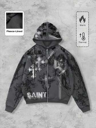 Anime Felpa con cappuccio, chiusura lampo e stampa di croci e lettere, manica lunga, per uomo, adatta per l'inverno