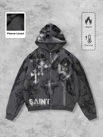 Anime Felpa con cappuccio,chiusura lampop e stampa di croci e lettere, manica lunga, da uomo
