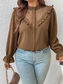 SHEIN Frenchy Plus PEPLUM Lace Patchwork Contrast Mesh Ruffle Trim Flounce Sleeve Ruffle Trim Button Front Blouse - Khaki - View 5