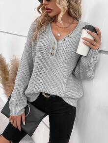 SHEIN LUNE Casual Solid Color Drop Shoulder Sweater, Autumn/Winter - Grey - View 6