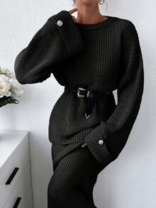 SHEIN Cottnline Plus Women Solid Color Chunky Sweater & Sweater Skirt Set - Black - View 4