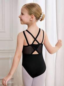 SHEIN Young Girls' Fitted Black Ballet Leotard, Elegant Criss-Cross Hollow-Out Back Design, Comfortable Knit & Stretch Mesh Gymnastics & Casual Bodysuit, Suitable For All Seasons