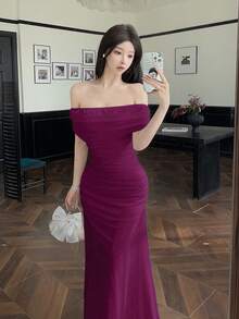 Modelyn 女式露肩褶饰腰部优雅婚礼/派对礼服 - 中紫紅色 - 查看 6