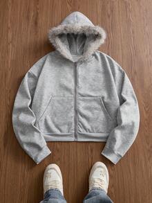 SWAVVY Men's Standard Size Casual Sweatshirt Sweatshirt With Hoodie, Embroidered Fur Collar, Thermal Lining, Long Sleeve Top - Grey - View 1