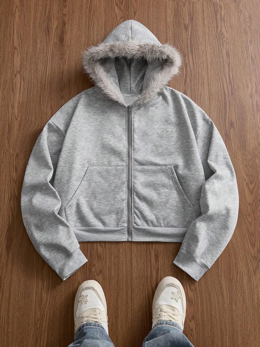 SWAVVY Men's Standard Size Casual Sweatshirt Sweatshirt With Hoodie, Embroidered Fur Collar, Thermal Lining, Long Sleeve Top - Grey - View 1