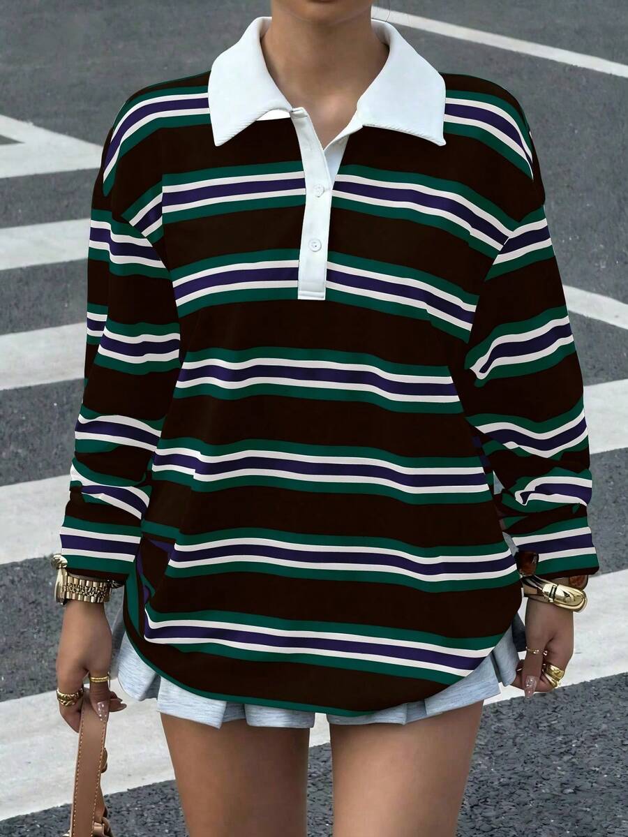 Muchica 女式休闲条纹印花纽扣装饰长袖 T 恤 - 黑色 - 查看 1