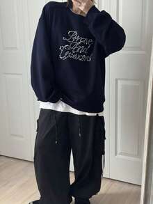 FRIFUL Áo nỉ cổ tròn dáng rộng dành cho nữ có họa tiết chữ ngọc trai giả, lớp lót nhiệt dày - Màu xanh hải quân - Xem 2