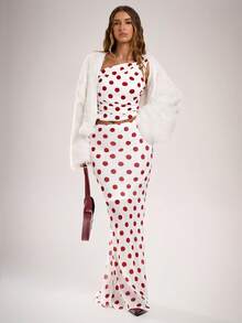 Avantive Red And White Polka Dot Maxi Skirt For Women,Vintage 70s 2000s Style Elegant Fitted Print Skirt,Autumn Party Cocktail Prom Homecoming Date Night - Red and White - View 6