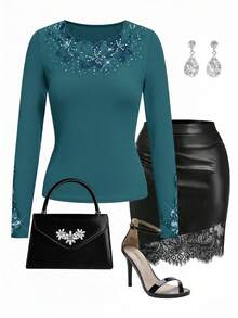 SHEIN Clasi Élégant Top pour femme avec col et poignets en dentelle - Bleu canard - Voir 7