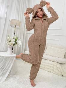 女士保暖抓绒拉链连体衣，冬季舒适蓬松睡衣 - 駝色 - 查看 3