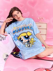 THE POWERPUFF GIRLS X SHEIN 大码泡泡图案蓝色圆领短袖睡袍
