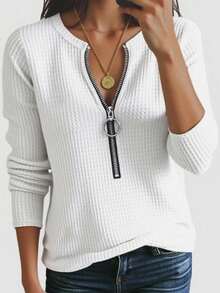INAWLY Women's Casual Solid Color Front Zipper T-Shirt, Versatile For Autumn - White - View 1