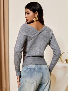 Lyxana New Asymmetrical Cross Design Sweater - Grey - View 2