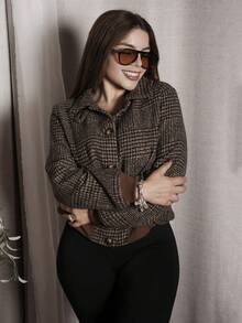 Lupita Cardoza New Autumn/Winter Woven Turndown Collar Plaid Elegant Long Sleeve Casual Fitted Buttoned Design Women Jacket Coat,Autumn,Minimalist,Business Casual,Holiday Outfits,Work Wear,Teacher Outfits,Back To School,Fall,Old Money Style - Brown - View 5