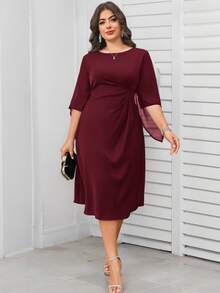 Reflora Plus Size Solid Color Round Neck Mid-Sleeve Pleated Waist Elegant Dress/Christmas