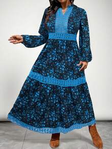 SHEIN VCAY Plus Size Floral Print Long Sleeve Patchwork Dress - Black - View 1