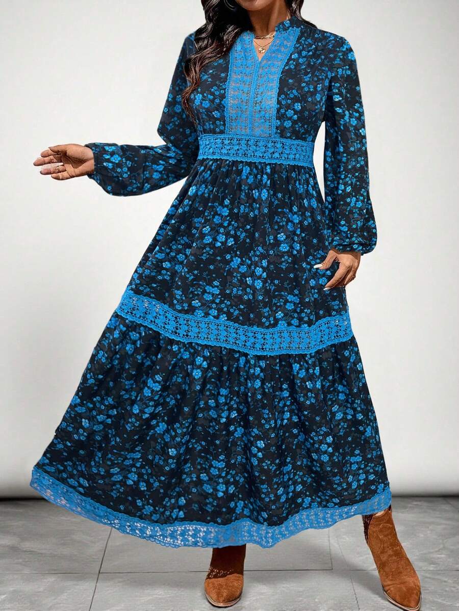 SHEIN VCAY Plus Size Floral Print Long Sleeve Patchwork Dress - Black - View 1