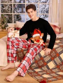 CoupledUp Christmas Reindeer Print Pajama Set,Black And White Plaid,Autumn,Cute,Home Winter Matching Couple Christmas Pjs With Plaid Pants For Men - Multicolor - View 4