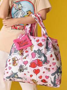 TOM & JERRY X SHEIN 1 Túi mua sắm gấp gọn in hình nhân vật hoạt hình dễ thương, túi tote có túi nhỏ đựng đồ kèm dây xích hạt để treo, hình Tom, Mèo, Jerry, Chuột, Tình bạn - Nhiều màu - Xem 3