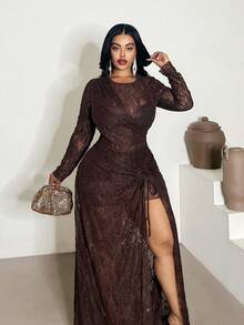 Maweii Đầm gợi cảm, xuyên thấu, ren, xẻ tà, dáng suông dành cho nữ cỡ lớn, thích hợp mặc đi làm hoặc dự tiệc, mùa Thu/Đông. - Cà phê nâu - Xem 4