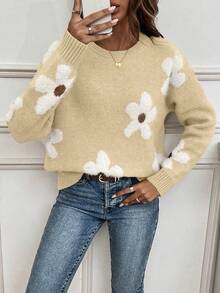EMERY ROSE Women's Casual Floral Pattern Drop Shoulder Long Sleeve Sweater, Autumn/Winter - Apricot - View 5