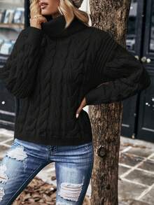 EMERY ROSE Women's Casual Twist Knit Turtleneck Sweater, Autumn/Winter - Black - View 4