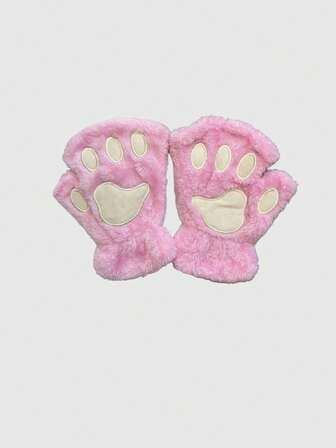 Kawaii Cute Cartoon Cat Paw Embroidered Fingerless Gloves, Warm Plush Half Finger Gloves For Cosplay, Casual Outdoor Use In Autumn/Winter
