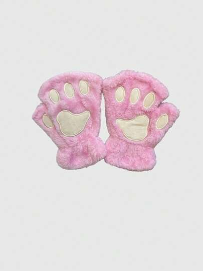 Kawaii Cute Cartoon Cat Paw Embroidered Fingerless Gloves, Warm Plush Half Finger Gloves For Cosplay, Casual Outdoor Use In Autumn/Winter