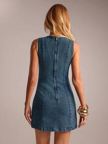 SHEIN Forever 21 Đầm denim ngắn ôm dáng mùa hè cho nữ, màu xanh nhạt, chất liệu denim mài, đầm denim mùa hè, đầm đi biển, đầm denim thường ngày cho nữ, đầm denim dáng ôm, đầm denim không tay. - Màu xanh ngọc - Xem 2