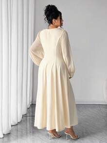 Elenzga Plus Size Women Elegant Formal White Autumn Maxi Dress,Chiffon Long Sleeve Square Neck 3D Floral Decor A-Line Party Date Gathering Minimalist Gown - Apricot - View 2