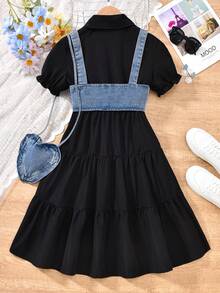 SHEIN 青少年女孩 3 件套：衬衫裙、牛仔背心和牛仔背包，休闲春夏装、假日、夏季、旅行 - 黑色 - 查看 2