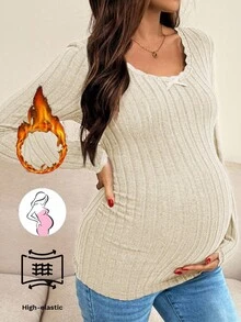 SHEIN Maternity Ribbed Rib Lace Patchwork Round Neck Long Sleeve T-Shirt - Apricot - View 7