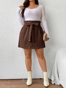 SHEIN Frenchy Váy thắt nút lưng cao màu trơn cỡ lớn thời trang thường ngày - Cà phê nâu - Xem 4