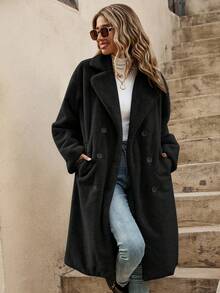 SHEIN Frenchy 秋冬落肩双排扣泰迪熊大衣 - 黑色 - 查看 7