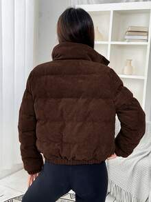 SHEIN EZwear 秋冬女装休闲咖啡棕色拉链按扣灯芯绒棉衣外套，冬季棉衣外套，棕色外套 - 咖啡棕 - 查看 2