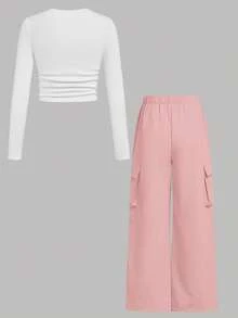 SHEIN Girlism 2pcs Tween Girl Ribbed Ruched Long Sleeve T-Shirt And Cargo Pants Casual Set - Pink - View 2