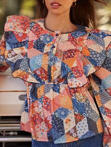 WESTFADE Patchwork Print Crewneck Ruffle Shoulder Long Sleeve Boxy Fit Top Fall, Autumn, Winter, Boho, Casual, Cute, Western Wear, Country - Multicolor - View 4