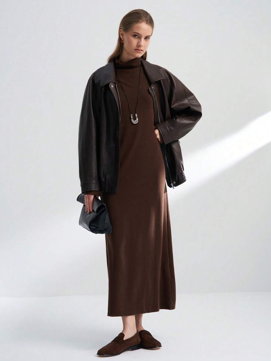 INAWLY Váy dài cổ lọ giản dị bằng vải cashmere giả - Cà phê - Xem 1