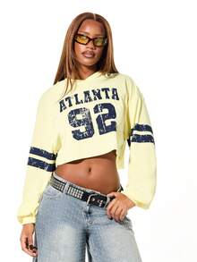 SUMWON WOMEN Cropped Varsity V Neck Sweatshirt With Long Sleeves And Atlanta Print - Yellow - View 1
