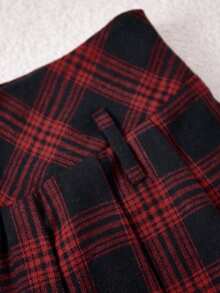 SHEIN 少女红色格子百褶A字裙，休闲学院风，秋季款 - 紅色 - 查看 5