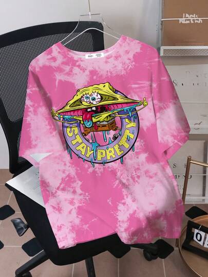 SpongeBob SquarePants | SHEIN Camiseta de manga corta de cuello redondo con estampado gráfico de dibujos animados y efecto tie-dye, casual para hombre, de verano