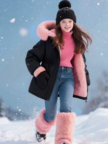 SHEIN 女童中长款连帽休闲口袋人造毛皮纯色羊毛夹克，冬季 - 黑色 - 查看 6