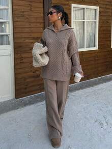 SHEIN EZwear 骆驼女款拉链开衫和裤子两件套 - 駝色 - 查看 3