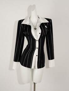 Zolique Women's Contrast Color Shoulder Long Sleeve Front Button Waist Fitted Shirt - Black - View 6